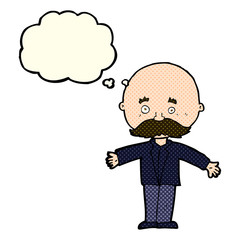 cartoon bald man with open arms with thought bubble