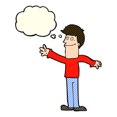 cartoon happy man waving with thought bubble
