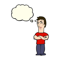 cartoon annoyed man with folded arms with thought bubble