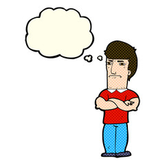 cartoon annoyed man with folded arms with thought bubble
