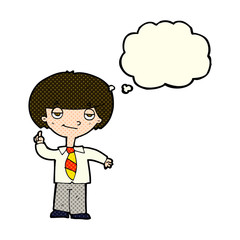 cartoon school boy answering question with thought bubble