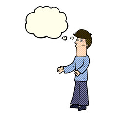 cartoon man shrugging shoulders with thought bubble