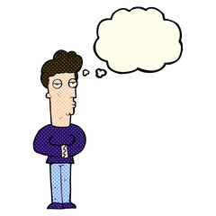 cartoon jaded man with thought bubble