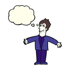 cartoon vampire man with open arms with thought bubble