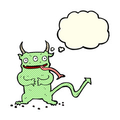 cartoon little demon with thought bubble