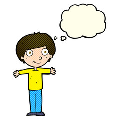 cartoon happy boy with open arms with thought bubble