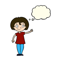 cartoon happy woman pointing with thought bubble