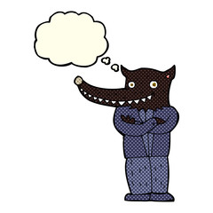 cartoon wolf man with thought bubble