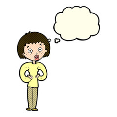 cartoon woman gesturing at self with thought bubble