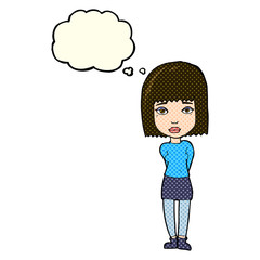 cartoon serious girl with thought bubble
