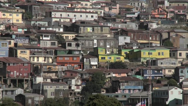 Pan across the colorful houses of Valparaiso, Chile.