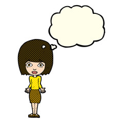 cartoon woman shrugging shoulders with thought bubble