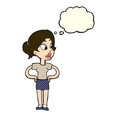 cartoon woman with hands on hips with thought bubble