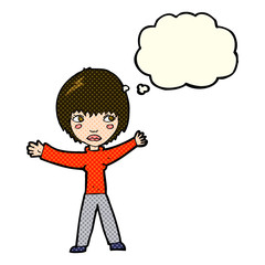 cartoon waving woman with thought bubble