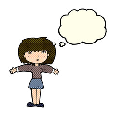 cartoon woman shrugging shoulders with thought bubble