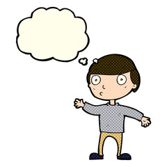 cartoon waving man with thought bubble
