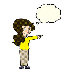cartoon pretty woman pointing with thought bubble