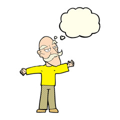 cartoon old man spreading arms wide with thought bubble