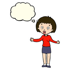 cartoon woman making excuses with thought bubble