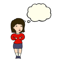 cartoon woman making excuses with thought bubble