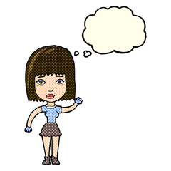 cartoon waving woman with thought bubble