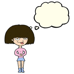 cartoon sly woman with thought bubble