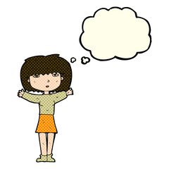 cartoon woman raising arms in air with thought bubble