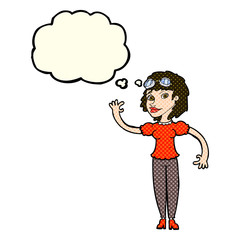 cartoon pilot woman waving with thought bubble