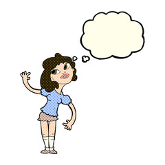 cartoon woman waving with thought bubble