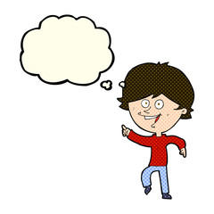 cartoon happy pointing man with thought bubble