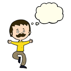 cartoon dancing man with mustache with thought bubble