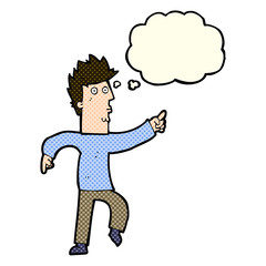 cartoon worried man pointing with thought bubble