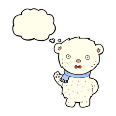cartoon polar bear wearing scarf with thought bubble