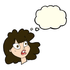 cartoon shocked female face with thought bubble