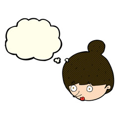 cartoon surprised woman's face with thought bubble