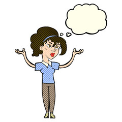 cartoon woman raising hands in air with thought bubble