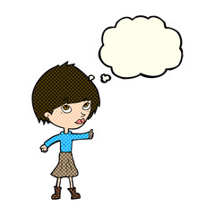 cartoon woman giving thumbs up symbol with thought bubble