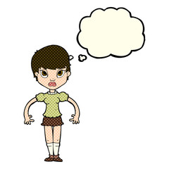 cartoon woman looking annoyed with thought bubble