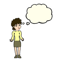 cartoon woman shrugging shoulders with thought bubble