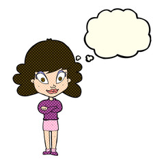 cartoon happy woman with folded arms with thought bubble