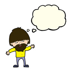 cartoon happy bearded man waving with thought bubble