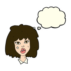 cartoon woman with bruised face with thought bubble