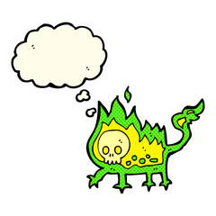 cartoon little fire demon with thought bubble