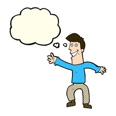 cartoon happy man dancing with thought bubble