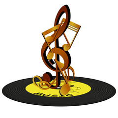 Vector illustration of musical Notes on the treble clef, standing on a vinyl record. Isolated objects can be used in any work for the billboard or a poster, as well as separately.