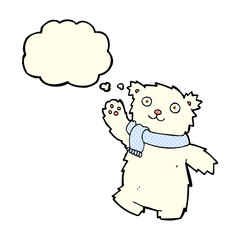 cartoon teddy bear wearing scarf with thought bubble
