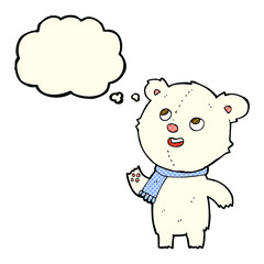 cartoon polar bear wearing scarf with thought bubble