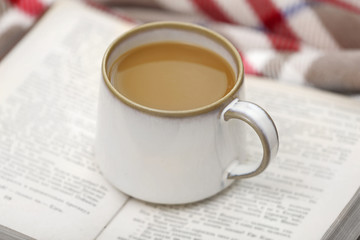 Cup of coffee with book on sofa in living room