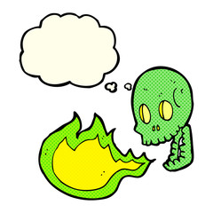 cartoon fire breathing skull with thought bubble