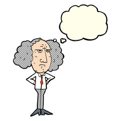 cartoon big hair lecturer man with thought bubble